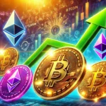 Uma ilustração digital apresentando várias criptomoedas, incluindo Bitcoin, Ethereum, Solana e CYBRO. A imagem mostra representações vibrantes e dinâmicas dessas moedas com um fundo que sugere volatilidade do mercado e potencial de crescimento. O Bitcoin é retratado em ligeira queda, enquanto o Ethereum, Solana e CYBRO são destacados com tendências de alta e setas verdes, indicando oportunidades de investimento. O tema geral é otimista e encorajador para novos investidores.