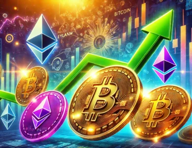 Uma ilustração digital apresentando várias criptomoedas, incluindo Bitcoin, Ethereum, Solana e CYBRO. A imagem mostra representações vibrantes e dinâmicas dessas moedas com um fundo que sugere volatilidade do mercado e potencial de crescimento. O Bitcoin é retratado em ligeira queda, enquanto o Ethereum, Solana e CYBRO são destacados com tendências de alta e setas verdes, indicando oportunidades de investimento. O tema geral é otimista e encorajador para novos investidores.