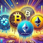 Ilustração das principais criptomoedas para investimento de longo prazo em 2024, destacando 5thScape, DarkLume, Ethereum, Cardano e Polkadot, com elementos de blockchain e realidade virtual em um tema futurista.
