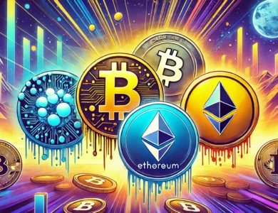 Ilustração das principais criptomoedas para investimento de longo prazo em 2024, destacando 5thScape, DarkLume, Ethereum, Cardano e Polkadot, com elementos de blockchain e realidade virtual em um tema futurista.