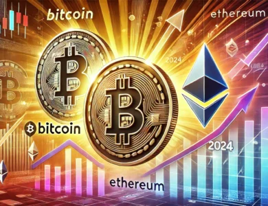 Ilustração dinâmica e moderna mostrando os logotipos do Bitcoin e Ethereum em destaque, com gráficos ascendentes e símbolos financeiros como cifrões e setas, representando o crescimento e sucesso dessas criptomoedas em 2024. O fundo inclui um gráfico de mercado digital e elementos futuristas, transmitindo avanço tecnológico e rentabilidade.