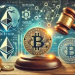 A imagem destaca de forma dinâmica e informativa os símbolos de Bitcoin e Ethereum, juntamente com ícones de commodities tradicionais como ouro e milho. No fundo, gráficos financeiros e um martelo judicial representam a regulação, criando uma ligação visual clara entre as criptomoedas e as commodities. A composição reforça a conexão entre ativos digitais e tradicionais, ilustrando a discussão sobre a classificação e regulação das criptomoedas.