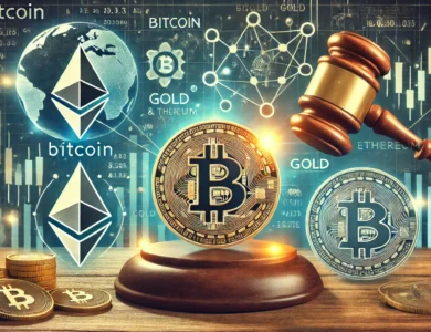A imagem destaca de forma dinâmica e informativa os símbolos de Bitcoin e Ethereum, juntamente com ícones de commodities tradicionais como ouro e milho. No fundo, gráficos financeiros e um martelo judicial representam a regulação, criando uma ligação visual clara entre as criptomoedas e as commodities. A composição reforça a conexão entre ativos digitais e tradicionais, ilustrando a discussão sobre a classificação e regulação das criptomoedas.