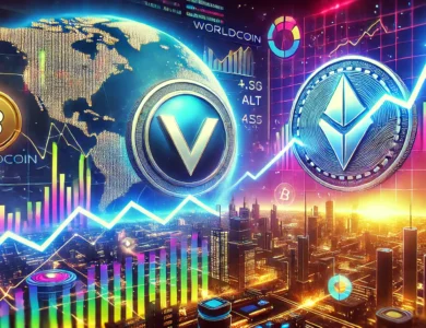 Imagem dinâmica e atraente destacando duas criptomoedas sobrevendidas, Worldcoin (WLD) e Altlayer (ALT), em um cenário digital futurista com gráficos e indicadores sugerindo um aumento potencial de preço, reforçando a oportunidade de compra.