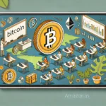 Imagem ilustrativa destacando um curso de criptomoedas para a população do Amazonas, com símbolos de moedas digitais e elementos da região amazônica.