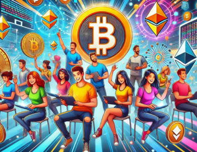 Imagem ilustra o entusiasmo de se inscrever no curso gratuito de criptomoedas da Binance. Ela contém elementos visuais que remetem ao blockchain, criptomoedas e o logo da Binance, com a mensagem: "Descubra como fazer o curso GRATUITO de criptomoedas da Binance e transforme seu futuro!"