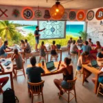 Aulas do projeto BTC Isla em Isla Mujeres, mostrando alunos aprendendo sobre Bitcoin em um restaurante local com vista para a natureza.