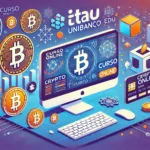 Imagem ilustrativa do curso online gratuito sobre criptomoedas oferecido pelo Itaú Unibanco. A imagem destaca uma tela de computador exibindo gráficos de criptomoedas, com o logo do Itaú e a plataforma íon Edu em destaque. Ao fundo, há elementos visuais relacionados ao mercado financeiro digital, como ícones de blockchain e criptomoedas, utilizando cores predominantes em azul e laranja.