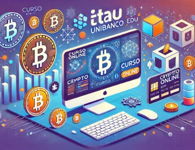 Imagem ilustrativa do curso online gratuito sobre criptomoedas oferecido pelo Itaú Unibanco. A imagem destaca uma tela de computador exibindo gráficos de criptomoedas, com o logo do Itaú e a plataforma íon Edu em destaque. Ao fundo, há elementos visuais relacionados ao mercado financeiro digital, como ícones de blockchain e criptomoedas, utilizando cores predominantes em azul e laranja.