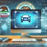 Uma imagem ilustrando um título de carro digitalizado em uma tela de computador, com elementos visuais representando blockchain, como cadeias de blocos interconectadas, destacando a inovação tecnológica.