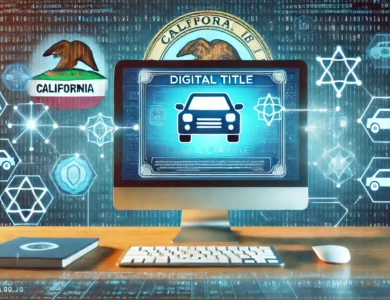 Uma imagem ilustrando um título de carro digitalizado em uma tela de computador, com elementos visuais representando blockchain, como cadeias de blocos interconectadas, destacando a inovação tecnológica.