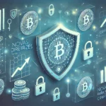 Representação digital de criptomoedas com elementos de segurança e transparência, como cadeados e gráficos financeiros, sobre um fundo azul que simboliza confiança. No topo, o logo da ANBIMA e um destaque em texto dizendo "Novas Diretrizes para Investimentos em Criptomoedas".