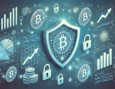 Representação digital de criptomoedas com elementos de segurança e transparência, como cadeados e gráficos financeiros, sobre um fundo azul que simboliza confiança. No topo, o logo da ANBIMA e um destaque em texto dizendo "Novas Diretrizes para Investimentos em Criptomoedas".