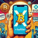 Ilustração de um smartphone exibindo o logotipo do X (Twitter) com o emoji do Bitcoin sendo removido. Ao fundo, símbolos de várias criptomoedas como Bitcoin, BNB e Crypto.com com uma comunidade frustrada expressando seu descontentamento através de balões de fala.