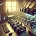 Pequeno setup de mineração de Bitcoin em um ambiente doméstico, mostrando vários dispositivos BitAxe conectados a um computador, com luz suave e equipamentos emitindo um brilho indicando mineração ativa.