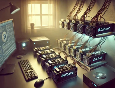 Pequeno setup de mineração de Bitcoin em um ambiente doméstico, mostrando vários dispositivos BitAxe conectados a um computador, com luz suave e equipamentos emitindo um brilho indicando mineração ativa.