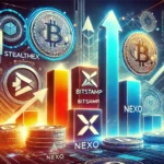 Imagem dinâmica e envolvente ilustrando as 5 principais exchanges de criptomoedas para a próxima corrida de touros. Inclui logos das exchanges StealthEX, Bitstamp, Bisq, Nexo e Phemex, gráficos, setas ascendentes e elementos de blockchain. Design moderno e tecnológico, com símbolos de moedas digitais ao fundo, destacando crescimento e entusiasmo do mercado.
