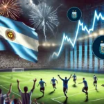 Imagem mostrando a celebração da seleção argentina após a vitória na Copa América 2024. Jogadores comemoram com a torcida, exibindo a bandeira da Argentina. No fundo, um gráfico destaca uma queda de 25% no valor do fan token $ARG, simbolizando a inesperada reação negativa do mercado de criptomoedas. A cena ilustra o contraste entre a alegria da vitória esportiva e a decepção financeira.