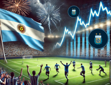 Imagem mostrando a celebração da seleção argentina após a vitória na Copa América 2024. Jogadores comemoram com a torcida, exibindo a bandeira da Argentina. No fundo, um gráfico destaca uma queda de 25% no valor do fan token $ARG, simbolizando a inesperada reação negativa do mercado de criptomoedas. A cena ilustra o contraste entre a alegria da vitória esportiva e a decepção financeira.