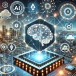 A imagem acima ilustra a integração entre inteligência artificial e tecnologia blockchain. Ela apresenta elementos tecnológicos avançados, como nós digitais e conexões representando o blockchain, além de representações abstratas de IA, como redes neurais e símbolos de machine learning. O cenário é futurista, com uma estética de alta tecnologia e segurança, destacando a sinergia e a inovação no espaço das criptomoedas, bem como a acessibilidade e o empoderamento dos usuários através dessas tecnologias.