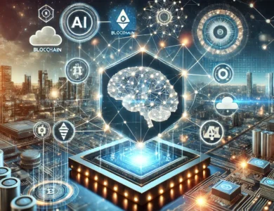 A imagem acima ilustra a integração entre inteligência artificial e tecnologia blockchain. Ela apresenta elementos tecnológicos avançados, como nós digitais e conexões representando o blockchain, além de representações abstratas de IA, como redes neurais e símbolos de machine learning. O cenário é futurista, com uma estética de alta tecnologia e segurança, destacando a sinergia e a inovação no espaço das criptomoedas, bem como a acessibilidade e o empoderamento dos usuários através dessas tecnologias.