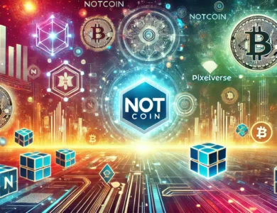 Logos da Notcoin e Pixelverse em um cenário digital futurista, simbolizando a parceria e inovação na blockchain.
