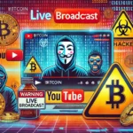 Ilustração digital de uma transmissão ao vivo fraudulenta relacionada ao Bitcoin, com elementos simbolizando um ataque cibernético. A cena mostra uma interface do YouTube sendo sequestrada, com sinais de alerta, falhas digitais e símbolos de hacker, como uma máscara ou código binário ao fundo. As cores são vibrantes e chamativas para criar uma sensação de urgência e alerta.