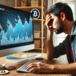 Um investidor angustiado olhando para a tela do computador com um gráfico mostrando uma queda acentuada no valor da criptomoeda, representando a perda em Solana devido a um golpe de copy trading.
