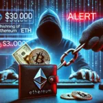 Um computador mostrando uma carteira digital com uma corrente e um gancho de phishing puxando US$ 30.000 em Ethereum, simbolizando um roubo cibernético. No fundo, uma silhueta de hacker, um símbolo de alerta vermelho e códigos digitais representam o crime cibernético, destacando a ironia dos hackers sendo enganados.
