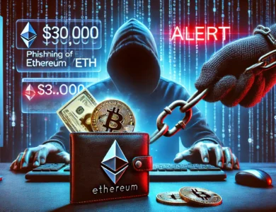 Um computador mostrando uma carteira digital com uma corrente e um gancho de phishing puxando US$ 30.000 em Ethereum, simbolizando um roubo cibernético. No fundo, uma silhueta de hacker, um símbolo de alerta vermelho e códigos digitais representam o crime cibernético, destacando a ironia dos hackers sendo enganados.