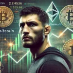Imagem de Khamzat Chimaev, lutador do UFC, com uma expressão preocupada. Ao fundo, símbolos de criptomoedas como Bitcoin e Ethereum e um gráfico mostrando uma queda acentuada, representando a controvérsia e suspeita em torno do golpe de criptomoeda.