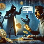 Imagem mostrando uma pessoa com expressão de choque olhando para a tela de um computador que exibe uma notificação de transação de criptomoedas. No fundo, figuras sombrias manipulam carteiras digitais, simbolizando o perigo dos golpes de personificação e ataques de phishing. Elementos como o logotipo da Coinbase e símbolos de criptomoedas destacam o contexto da fraude.