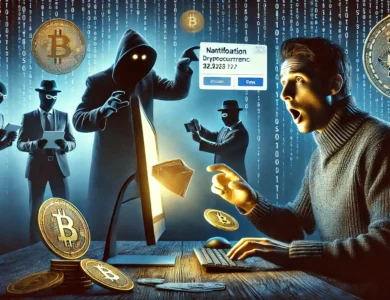 Imagem mostrando uma pessoa com expressão de choque olhando para a tela de um computador que exibe uma notificação de transação de criptomoedas. No fundo, figuras sombrias manipulam carteiras digitais, simbolizando o perigo dos golpes de personificação e ataques de phishing. Elementos como o logotipo da Coinbase e símbolos de criptomoedas destacam o contexto da fraude.