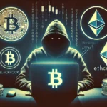Ilustração de um hacker em um fundo escuro, representando golpes envolvendo criptomoedas. A imagem exibe os logotipos do Bitcoin, Ethereum e BlackRock, com o hacker trabalhando em um computador e símbolos de moedas digitais ao redor.