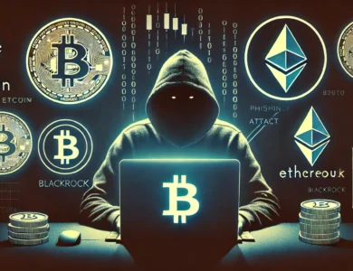 Ilustração de um hacker em um fundo escuro, representando golpes envolvendo criptomoedas. A imagem exibe os logotipos do Bitcoin, Ethereum e BlackRock, com o hacker trabalhando em um computador e símbolos de moedas digitais ao redor.