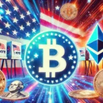 A imagem apresenta símbolos de criptomoedas como Bitcoin e Ethereum em destaque, representando a crescente importância dessas moedas digitais. Ao fundo, elementos da bandeira americana e cabines de votação indicam a relação entre criptomoedas e as próximas eleições nos EUA. A composição é vibrante e dinâmica, transmitindo uma sensação de energia e engajamento, simbolizando o impacto das criptomoedas no cenário político atual.
