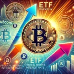 Ilustração mostrando o Bitcoin subindo em direção à meta de US$ 100 mil, com ícones de ETFs, símbolo do halving e taxas de juros do Federal Reserve, em um mercado otimista com gráficos ascendentes.