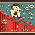 Imagem mostra um gráfico com uma linha vermelha indicando a queda acentuada do preço. No fundo, elementos que representam medo e incerteza, incluindo um rosto humano com expressão de preocupação, ícones de dinheiro e criptomoedas caindo. Também há uma representação do Índice de Medo e Ganância, destacando o estado de 'medo extremo' no nível 25 de 100.