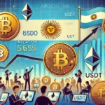 Imagem ilustrando o impacto da alta inflação na Argentina na adoção de criptomoedas. A imagem apresenta símbolos de criptomoedas como Bitcoin, Ethereum e USDT, juntamente com elementos do peso argentino e um gráfico de inflação crescente. Ao fundo, a bandeira argentina e pessoas usando smartphones ou computadores, indicando a negociação ativa de criptomoedas, refletem a crise econômica e a busca por alternativas digitais.