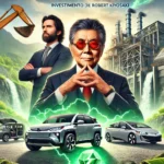 Imagem de Robert Kiyosaki e Marin Katusa em uma cena futurista ao lado de uma enorme mina de lítio. A imagem destaca uma operação de mineração de alta tecnologia com veículos elétricos (EVs) em destaque, enfatizando a importância do lítio para as baterias desses veículos. O ambiente é verde e exuberante, destacando os benefícios ambientais do projeto. No topo da imagem, está o título 'Investimento de Robert Kiyosaki' em um estilo sensacionalista e atraente. Robert Kiyosaki é retratado como um homem mais velho com aparência ocidental, cabelo escuro e óculos.