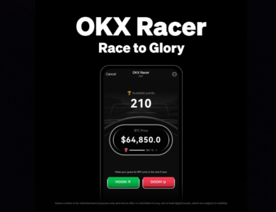 Tela do jogo OKX Racer no Telegram mostrando adivinhação de preço de Bitcoin.