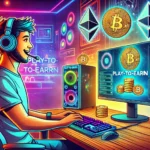 Pessoa jogando um jogo Play-to-Earn em um computador com foco e entusiasmo. O ambiente inclui equipamentos modernos de jogos e iluminação RGB, destacando a emoção de ganhar criptomoedas enquanto se diverte.