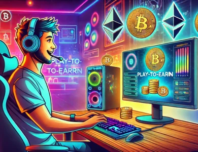 Pessoa jogando um jogo Play-to-Earn em um computador com foco e entusiasmo. O ambiente inclui equipamentos modernos de jogos e iluminação RGB, destacando a emoção de ganhar criptomoedas enquanto se diverte.
