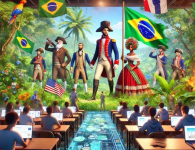 Imagem ilustrando jogos de metaverso celebrando a Independência do Brasil na Bahia, com personagens históricos em um ambiente digital imersivo.