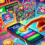 Imagem vibrante e dinâmica ilustrando o conceito dos jogos "tap-to-earn" no Telegram. A cena mostra a tela de um smartphone com a interface de um jogo, onde um usuário está tocando em um ícone de moeda para ganhar pontos. No fundo, gráficos coloridos dos jogos populares como Notcoin, Hamster Kombat e Yescoin, com seus respectivos logotipos, destacam a popularidade e a excitação desses jogos. A imagem inclui tokens, moedas e recompensas sendo conquistadas. O logotipo do Telegram está sutilmente integrado, indicando a plataforma. Cores brilhantes e envolventes dominam a imagem, capturando a natureza energética e recompensadora dos jogos "tap-to-earn".