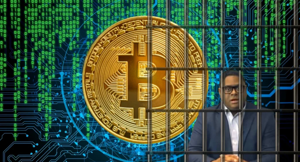 Imagem de tribunal com juiz e Glaidson Acácio dos Santos, o "Faraó dos Bitcoins", no julgamento de seu caso de pirâmide financeira e homicídios.