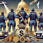 Imagem mostrando a Polícia Federal durante uma operação contra o tráfico de drogas e lavagem de dinheiro em várias cidades brasileiras. Policiais federais são vistos cumprindo mandados, com destaque para apreensões de criptomoedas como Bitcoin e Ethereum, além de bens de luxo como carros caros e imóveis, representando a magnitude da operação.