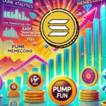 A ilustração apresenta o sucesso da Solana e das memecoins de forma vibrante e dinâmica. Ao fundo, um gráfico digital mostra os lucros crescentes, atingindo um pico de US$ 91 milhões. No primeiro plano, o logotipo da Pump.fun se destaca proeminentemente, cercado por ícones coloridos e lúdicos de várias memecoins. A cena geral é animada, com elementos visuais representando a facilidade de criação de tokens, baixas taxas de transação e o impacto econômico significativo no ecossistema Solana. O fundo inclui referências a fontes de dados econômicos como Dune Analytics, DeFi Llama e Blockworks. A atmosfera é otimista e energética, refletindo o rápido crescimento e o potencial futuro da Solana e das memecoins associadas.