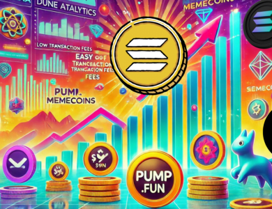 A ilustração apresenta o sucesso da Solana e das memecoins de forma vibrante e dinâmica. Ao fundo, um gráfico digital mostra os lucros crescentes, atingindo um pico de US$ 91 milhões. No primeiro plano, o logotipo da Pump.fun se destaca proeminentemente, cercado por ícones coloridos e lúdicos de várias memecoins. A cena geral é animada, com elementos visuais representando a facilidade de criação de tokens, baixas taxas de transação e o impacto econômico significativo no ecossistema Solana. O fundo inclui referências a fontes de dados econômicos como Dune Analytics, DeFi Llama e Blockworks. A atmosfera é otimista e energética, refletindo o rápido crescimento e o potencial futuro da Solana e das memecoins associadas.
