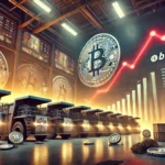 Imagem dramática de um ambiente industrial moderno com máquinas de mineração de Bitcoin, algumas desligadas e outras ainda operacionais. Ao fundo, um grande display digital mostra o preço do Bitcoin caindo abaixo de US$ 56.000, destacado em vermelho. Gráficos e tabelas ilustram a queda no valor do Bitcoin e as métricas de eficiência das máquinas de mineração. A cena captura a urgência e a pressão financeira do momento.